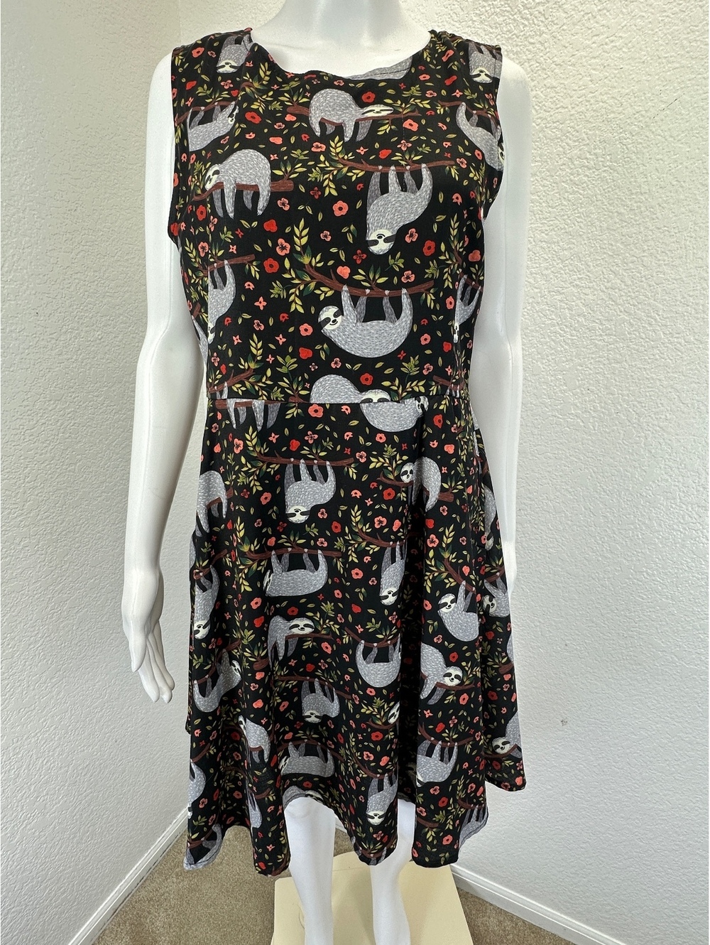 LA Soul Black Whimsical Sloth Skater Dress Sleeveless Fit & Flare Pockets